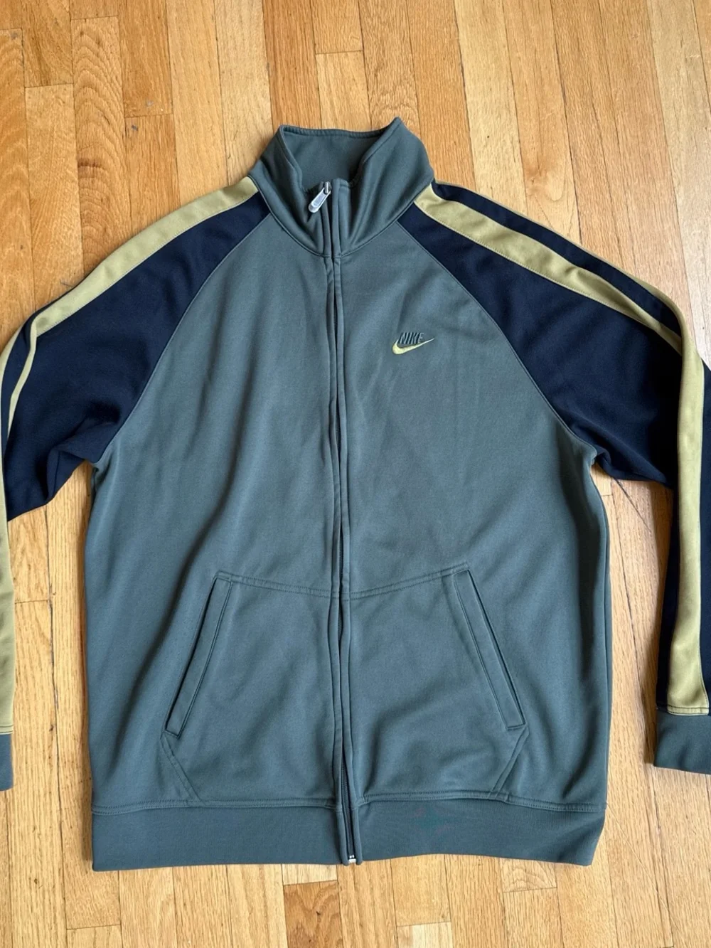 Nike Men's Olive Green and Navy Zip-Up Track Jacket with Gold Accents